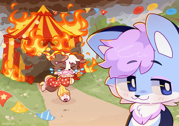 :3 >o< anthro blue_eyes bodily_fluids burning burning_building cheek_tuft circus circus_tent clown_costume crying duo facial_tuft fire floppy_ears fur hair male multicolored_body multicolored_fur open_mouth outside plant running short_hair tears tree tuft louloous canid canine canis domestic_dog mammal 2026 colored digital_drawing_(artwork) digital_media_(artwork) hi_res meme shaded