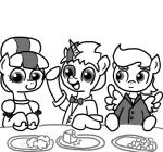bow_(feature) bow_tie clothing earth_pony equid equine fan_character feathered_wings feathers female feral ficficponyfic food group hasbro horn horse male mammal monochrome my_little_pony mythological_creature mythological_equine mythology pegasus pony unicorn wings young young_feral