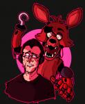 anthro bodily_fluids duo electronics eye_patch eyewear glasses headgear headphones headset hook hook_hand machine male nightmare_fuel on_model sharp_teeth sweat teeth unknown_artist five_nights_at_freddy's scottgames foxy_(fnaf) markiplier animatronic canid canine fox human mammal robot 2_frame_animation animated high_framerate shaded short_playtime