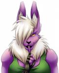 5_fingers anthro black_nose cheek_tuft chest_tuft clothed clothing dominant dominant_female eyebrows eyelashes facial_tuft female fingers fully_clothed fur grin hair hair_over_eye inner_ear_fluff looking_at_viewer one_eye_obstructed pupils purple_body purple_fur short_hair simple_background slit_pupils smile solo tuft white_background white_hair yellow_eyes meshpet nusair khyn