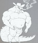 anthro balls belt belt_buckle biceps big_tail boots bottomwear buckle bulge cigar clothing cowboy cowboy_boots cowboy_hat denim denim_bottomwear denim_clothing detailed_bulge footwear genitals hat headgear headwear jeans male musclegut muscular muscular_anthro muscular_male nipples pants pecs penis shoes smoking solo tail papyreit crocodilian reptile scalie