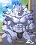 5_fingers abs anthro barazoku biceps black_clothing black_underwear bulge claws clothed clothing detailed_bulge dog_tags fangs fingers flaccid fur genitals looking_at_viewer male muscular muscular_anthro muscular_male neck_tuft nipples pecs penis purple_body purple_fur realistic_penis_size sitting smile solo teeth thong tuft underwear underwear_only yellow_eyes reclamon bandai_namco digimon digimon_(species) weregarurumon 4:5 hi_res signature