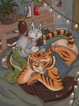 anthro beverage beverage_can book clothed clothing detailed_background female feral fur group looking_at_viewer lying on_front pillow plant shelf sitting soda striped_body striped_fur stripes tail trio yin_yang zzommie dreamworks kung_fu_panda nintendo nintendo_switch master_tigress master_viper zhen_(kung_fu_panda) canid canine corsac_fox felid fox mammal pantherine reptile scalie snake tiger true_fox viper 3:4 artist_name hi_res