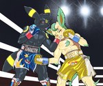 anthro anthro_on_anthro ballbusting biped boxing boxing_gloves boxing_shorts clothing cock_and_ball_torture duo fighting_ring genital_torture handwear interspecies male male/male muscular muscular_male punch sport tail dcheese nintendo pokemon darketh_(vincentthefox) linnea_(rellowcantdraw) eeveelution generation_2_pokemon generation_4_pokemon leafeon pokemon_(species) umbreon 2024 absurd_res digital_media_(artwork) hi_res