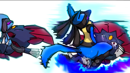 ambiguous_gender anthro aura black_body black_fur blue_body blue_fur bodily_fluids butt cowgirl_position duo eyes_closed forced from_front_position fur lying male on_back on_bottom on_top rape red_eyes sex straddling sweat tail tears yellow_body yellow_fur bluelulucario nintendo pokemon canid canine generation_4_pokemon lucario mammal pokemon_(species) riolu weavile 2012 grandfathered_content