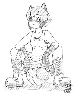 anthro basketball bottomwear bra breasts clothing dipstick_hair dipstick_tail facial_markings female footwear gloves_(marking) hair head_markings leg_markings markings mask_(marking) shirt shoes short_hair shorts sitting_on_object small_breasts socks_(marking) solo spread_legs spreading tail tail_markings tank_top topwear triangular_ears underwear startraveler25 brand_new_animal studio_trigger michiru_kagemori canid canine mammal raccoon_dog tanuki hi_res monochrome signature sketch