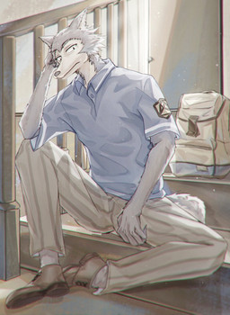 anthro backpack blue_clothing blue_topwear bottomwear clothed clothing collared_shirt footwear fur grey_body grey_fur hand_on_head light looking_at_viewer male pants polo_shirt school_uniform shirt shoes sitting sitting_on_stairs solo sunlight tail topwear uniform yato1923 beastars legoshi_(beastars) canid canine canis mammal wolf