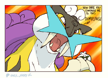 ambiguous_gender angry dialogue fangs feral iris mane multicolored_body open_mouth pink_tongue pupils purple_mane red_eyes teeth text tongue white_body white_head dahecksajerry nintendo pokemon generation_2_pokemon legendary_pokemon pokemon_(species) raikou english_text
