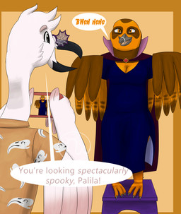 3_fingers anthro arm_feathers beak bent_arm black_beak black_eyes breasts brown_body brown_feathers brown_wings camera cheek_tuft claws cleavage clothed clothed_anthro clothed_female clothed_male clothing dialogue duo exclamation_point eye_contact eyebrows eyewear facial_tuft fake_fangs feather_hair feather_hands feathers feet female female_anthro fingers gem grey_beak grey_claws hair happy holding_camera holding_object holidays laugh light long_neck looking_at_another male male_anthro medium_breasts multicolored_body multicolored_feathers name_drop name_in_dialogue non-mammal_breasts open_beak open_mouth open_smile orange_background orange_body orange_eyes orange_feathers orange_wings pattern_clothing pattern_dress_shirt pattern_shirt pattern_topwear pink_body pink_eyebrows pink_feathers pink_hair pose pseudo_hair purple_eyewear purple_sunglasses ruby_(gem) shirt short_hair simple_background smile smiling_at_another smiling_at_each_other speech_bubble standing standing_on_object sunglasses suntan talking_to_another talons tan_line tan_tongue text toes tongue topwear tuft two_tone_body two_tone_feathers wings yelling_at_another skywater halloween jackson_(beartronica) palila_(beartronica) avian bird flamingo owl pulsatrix spectacled_owl true_owl 2025 absurd_res adobe_photoshop_(artwork) colored digital_drawing_(artwork) digital_media_(artwork) english_description english_text hi_res lighting shaded