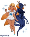 antennae_(anatomy) anthro big_breasts black_eyes blonde_hair blue_body blue_eyes blue_skin blush bracelet breasts clothing dark_body dark_skin dress duo female footwear hair jewelry long_hair looking_at_viewer shoes smile standing thick_thighs wide_hips lightsource animal_humanoid arachnid arachnid_humanoid arthropod arthropod_humanoid human humanoid hymenopteran insect mammal spider_humanoid spider_wasp tarantula_hawk_wasp wasp 2016 hi_res