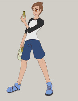 blue_bottomwear blue_clothing blue_footwear blue_shoes blue_shorts bottle bottomwear brown_eyes brown_hair clothing container footwear hair looking_at_object male shirt shoes shorts simple_background solo topwear sepisnake cobra_cola human mammal 2014 signature