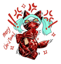 angry annoyed anthro biped bow_ribbon christmas_present female gift gift_wrapped green_eyes motion_lines muffled_screaming mummified pigtails red_sclera shortstack shortstack_female simple_background solo wide_hips wrapped_tail seb_mujinn capcom cyberpunk_edgerunners monster_hunter monster_hunter_stories_2:_wings_of_ruin rebecca_(cyberpunk_edgerunners) tsukino_(monster_hunter_stories) felid felyne lynian mammal palico 2022 absurd_res hi_res