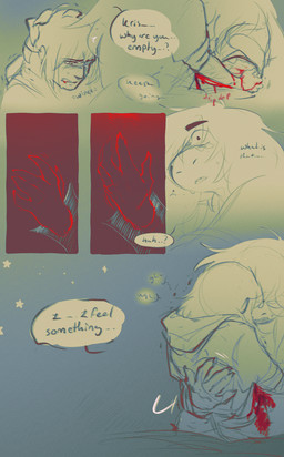 ambiguous_gender anthro blood blood_drip blood_from_mouth blood_in_mouth bodily_fluids claws clothed clothing dialogue dripping duo female hair hollow_body inner_monologue long_hair outline pain scales scar silhouette star sweat text thinking thought_bubble unusual_anatomy wounded thelostmoongazer deltarune mythology undertale_(series) kris_dreemurr susie_(deltarune) dragon human mammal monster mythological_creature mythological_scalie scalie comic english_text hi_res