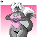 anthro big_breasts black_clothing black_underwear breasts clothing female fur gesture gradient_background green_eyes grey_body grey_fur hair hand_heart legs_together pink_camisole simple_background solo tail underwear white_hair wide_hips chrisandcompany kelsey_sienna mammal mephitid skunk 1:1 digital_drawing_(artwork) digital_media_(artwork) hi_res watermark