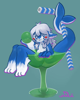 absinthe_(drink) alcohol anthro beverage blue_body blue_eyes blush cocktail female glass hair simple_background smile solo tail text white_body white_hair sodomy_kit aquatic fish shark digital_media_(artwork) hi_res