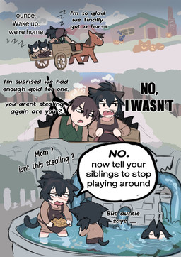 cart coin female feral gold_(metal) gold_coin group male melee_weapon speech_bubble stealing sword text vehicle wagon weapon japversus ounce_(japversus) wiss_(japversus) animal_humanoid cat_humanoid equid equine felid felid_humanoid feline feline_humanoid horse human humanoid mammal mammal_humanoid absurd_res hi_res father_(lore) father_and_child_(lore) mother_(lore) mother_and_child_(lore) parent_(lore) parent_and_child_(lore)