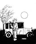 anthro bow_tie car classic_car disembodied_eyes grass gun male moon plant ranged_weapon smoking_pipe solo tree vehicle weapon well_dressed phano mammal mouse murid murine rodent hi_res monochrome