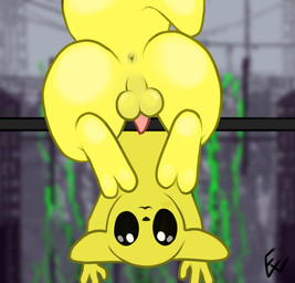 2_toes 3_fingers anus balls black_eyes butt digitigrade feet feral fingers genitals hanging_upside_down happy male penis pink_penis presenting presenting_anus presenting_balls presenting_hindquarters presenting_penis small_penis smile solo tail tapering_penis toes upside_down y_anus yellow_body anonymous_artist rain_world videocult monk_(rain_world) slugcat hi_res
