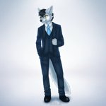 1:1 anthro black_eyebrows black_hair black_nose bottomwear canid canine canis clothed clothing eyebrows footwear fur hair inner_ear_fluff male mammal nayel-ie necktie pants shirt shoes simple_background solo standing suit tail topwear tuft whiskers white_background white_body white_fur white_inner_ear_fluff wolf yellow_eyes