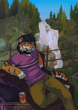 anthro backpack backpack_strap fur green_eyes male markings nature nature_background orange_body orange_fur sitting solo spots spotted_body spotted_markings jeanwoof felid mammal pantherine tiger hi_res