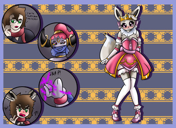 anthro blue_eyes blush brown_hair clothed clothing crown dialogue dress duo eyelashes female footwear fur gender_transformation gloves green_eyes grey_body grey_fur hair handwear headgear high_heels horn legwear magic male mtf_transformation pattern_background pink_clothing pink_eyes pink_hair ponytail princess ring royalty scarf shoes simple_background smile species_transformation standing surprised tail text thigh_highs transformation white_body white_fur gaminglover nintendo pokemon eevee generation_1_pokemon generation_6_pokemon hoopa hoopa_(confined) human legendary_pokemon mammal pokemon_(species) shiny_pokemon colored comic english_text hi_res