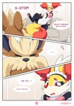 absurd_res ace_the_stoutland_(special_services) anthro blush bottomwear braixen canid canine clothed clothing comic cute_fangs dark_text dialogue duo ellie_the_braixen ellipsis english_text explicitly_stated_nonconsent eyes_closed feral fur generation_5_pokemon generation_6_pokemon girly heart_after_signature heart_before_signature heart_in_signature heart_symbol hi_res inner_ear_fluff linked_speech_bubble maid_uniform male mammal nikkibunn nintendo number open_mouth page_number paws pokemon pokemon_(species) purple_text question_mark red_eyes signature speech_bubble stoutland text text_with_heart tuft uniform