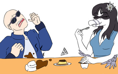 5_fingers accessory anthro bald beverage black_hair blue_clothing blue_dress blue_jacket blue_topwear breasts claws cleavage clothed clothing cutlery dessert dress duo elbow_feathers eyelashes eyes_closed eyewear feathers female finger_claws fingers flower flower_in_hair food grey_body grey_feathers hair hair_accessory jacket kitchen_utensils light-skinned_male light_body light_skin long_hair male plant pudding scales sharp_teeth simple_background smile snaggle_teeth snout spilled_drink spoon sunglasses tea teeth tools topwear white_background white_body white_scales jacket_ignites third-party_edit cavemanon_studios i_wani_hug_that_gator inco_(iwhtg) lunara_(iwhtg) bambiraptor dinosaur dromaeosaurid feathered_dinosaur feathered_scalie human mammal prehistoric_species reptile saurischian scalie theropod 2024 color_edit colored digital_drawing_(artwork) digital_media_(artwork) hi_res watermark
