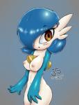 big_breasts blue_hair blush breasts female hair hair_over_eye nipples not_furry one_eye_obstructed solo jollysaunter nintendo pokemon gardevoir generation_3_pokemon pokemon_(species) shiny_pokemon hi_res