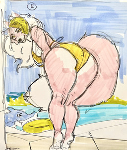 anthro big_butt big_tail bikini butt clothing female fur green_bikini green_clothing green_hair green_swimwear grey_body grey_fur hair pool_float poolside rear_view simple_background smile solo swimwear tail thick_thighs tiptoes two-piece_swimsuit white_hair thatphatfox five_nights_at_freddy's five_nights_at_freddy's:_security_breach scottgames steel_wool_studios roxanne_wolf canid canine canis mammal wolf 2025 hi_res marker_(artwork) pen_(artwork) signature sketch traditional_media_(artwork)