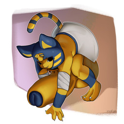 3_toes 4_fingers accessory all_fours anthro balls bandage barefoot big_balls big_penis black_eyes blue_glans blue_hair clothing crossgender egyptian egyptian_clothing feet fingers foreskin genitals glans gynomorph hair huge_balls huge_penis humanoid_genitalia humanoid_penis hyper hyper_balls hyper_genitalia hyper_penis intersex looking_at_viewer penis raised_tail simple_background smile solo tail toes uraeus yellow_body yellow_inner_ear snafgh animal_crossing nintendo ankha_(animal_crossing) domestic_cat felid feline felis mammal 1:1 hi_res