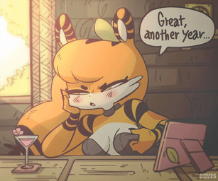 alcohol anthro beverage blush bodily_fluids breasts clothed clothing countershading dialogue drunk female flashing hand_on_cheek holidays offscreen_character one_breast_out pasties solo speech_bubble substance_intoxication sweat sweatdrop text diives new_year new_year_2022 xingzuo_temple dou_(diives) felid mammal pantherine tiger 2021 2d_animation 6:5 animated english_text frame_by_frame