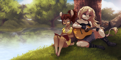 5_fingers acoustic_guitar anthro blonde_hair book breasts brown_hair clothed clothing day detailed_background duo female fingers grass guitar hair holding_object musical_instrument open_book outside plant plucked_string_instrument river sky smile string_instrument water dvixie reina_(dennyvixen) deer felid lion mammal new_world_deer pantherine white-tailed_deer 2019 digital_media_(artwork)