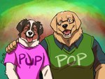 anthro clothed clothing duo eyes_closed eyewear fingers floppy_ears fur glasses male open_mouth open_smile shirt smile tongue tongue_out topwear fruitz canid canine canis domestic_dog mammal