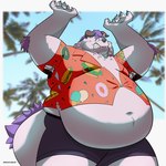 aloha_shirt anthro belly big_belly bottomwear clothing hair horn male navel overweight overweight_male pattern_clothing pattern_shirt pattern_topwear purple_hair shirt shorts solo surprise topwear mindof mindofabear lifewonders tokyo_afterschool_summoners behemoth_(tas) monster 1:1 absurd_res hi_res