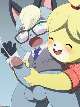 4_fingers aloha_shirt anthro anthro_on_anthro balls biped black_ears black_eyewear black_glasses black_nose blonde_hair blue_background blue_necktie blush blush_lines bodily_fluids bottomless bottomless_anthro bottomless_male clothed clothed_anthro clothed_female clothed_male clothing collared_shirt cum cumshot duo ejaculation erection eye_through_hair eyelashes eyes_closed eyewear female female_anthro fingers fur genital_fluids genitals glans glasses glistening glistening_balls glistening_genitalia glistening_glans glistening_penis green_eyes grey_background grey_balls grey_body grey_clothing grey_fur grey_penis grey_topwear grey_vest hair hand_on_another's_penis hand_on_penis handjob heterochromia humanoid_genitalia humanoid_penis long_sleeve_shirt long_sleeves looking_pleasured looking_up male male/female male_anthro multicolored_body multicolored_fur necktie open_mouth open_smile patreon_logo pattern_clothing pattern_shirt pattern_topwear penile penis pink_glans pink_inner_ear pointy_ears rectangular_glasses saliva saliva_string sex shirt simple_background smile sweat sweaty_face teeth text thin_eyebrows topwear translucent translucent_hair two_tone_body two_tone_fur undershirt vest wearing_glasses white_body white_clothing white_fur white_shirt white_topwear yellow_body yellow_eyes yellow_fur young winick-lim animal_crossing nintendo patreon isabelle_(animal_crossing) raymond_(animal_crossing) canid canine canis domestic_cat domestic_dog felid feline felis mammal shih_tzu toy_dog 3:4 absurd_res artist_name digital_media_(artwork) hi_res adult_(lore)