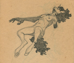 1_missing_limb amputee anthro black_mane breasts disability female hooves horn lying mane missing_limb missing_limbs nude nude_anthro on_back prosthetic prosthetic_limb simple_background solo underhoof unguligrade adeptus-monitus mythology equid equine horse mammal mythological_creature mythological_equine pony unicorn pen_(artwork) traditional_media_(artwork)
