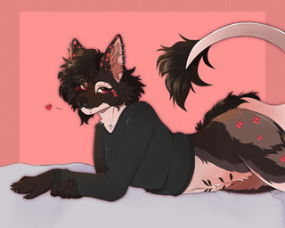 anthro bed bed_sheet bedding bedroom bedroom_eyes belly belly_markings blush female fur furniture hair heart_symbol lying lying_on_bed markings multicolored_body multicolored_fur nails narrowed_eyes on_bed on_front piercing seductive solo s6ftmutt canid canine fox hybrid mammal 5:4 hi_res