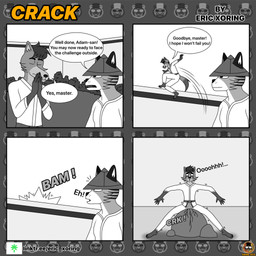 anthro ballbusting belt bodily_fluids bottomwear clothed clothing cock_and_ball_torture cracked cracking cracks dialogue duo fur genital_torture hair hat headgear headwear humor jumping landing male onomatopoeia open_mouth plant rock shrub simple_background sound_effects speech_bubble tail tears text topwear wall_(structure) eric_xoring canid canine felid fox mammal pantherine tiger 1:1 comic digital_media_(artwork) english_text hi_res