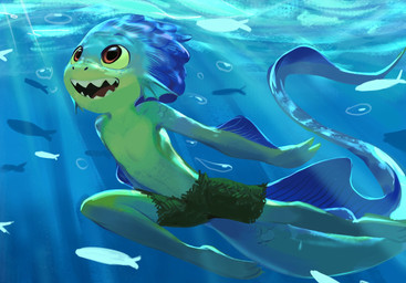 bubble jagged_teeth light male sea smile solo split_form sunlight water young somjid disney luca_(pixar) pixar luca_paguro aquatic fish humanoid merfolk hi_res