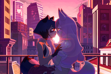 anthro blue_hair breasts brown_body brown_fur city cityscape clothed clothing cloud detailed_background duo eye_contact female female/female fluffy fluffy_tail fully_clothed fur hair holding_partner imminent_kiss lens_flare long_hair looking_at_another open_mouth outside pink_body pink_fur pink_hair public romantic romantic_couple short_hair sky smile sunrise tail white_body white_fur enigma_(artist) brand_new_animal studio_trigger michiru_kagemori nazuna_hiwatashi canid canine fox mammal raccoon_dog tanuki 2021 absurd_res digital_media_(artwork) hi_res signature