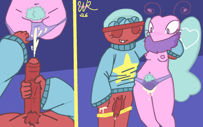 anthro arm_around_partner blush bodily_fluids breasts capsule clothed clothing clothing_pull cum cum_drip cum_in_clothing cum_in_underwear cum_on_hand cum_smuggling dripping duo female for_a_head gachapon genital_fluids gynomorph intersex panties panties_down panty_pull partially_clothed pubes small_breasts sweater topwear underwear underwear_down underwear_pull warprat blushcrunch_studio dandy's_world flutter_(dandy's_world) gigi_(dandy's_world) arthropod butterfly insect lepidopteran object_head 16:10 hi_res sequence widescreen