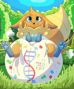 ambiguous_gender big_tail blue_body blue_fur blue_pawpads clean_diaper clothed clothing cloud_emanata diaper diaper_only diaper_puff ears_down emanata feral forest forest_background fur glistening glistening_eyes gloves_(marking) grass leg_markings markings nature nature_background orange_body orange_fur pawpads pivoted_ears plant sitting sky socks_(marking) solo tail topless tree wearing_diaper yellow_body yellow_fur poofypowderbutt nintendo pokemon dunsparce eevee generation_1_pokemon generation_2_pokemon hybrid_pokemon pokemon_(species) absurd_res hi_res