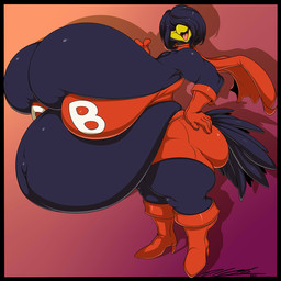 anthro beak belly big_belly big_breasts big_butt black_body black_border black_feathers black_hair boots border bottomwear breasts butt cape clothing cosplay feathers female footwear gloves hair handwear high_heeled_boots high_heels huge_belly huge_breasts hyper hyper_belly hyper_breasts hyper_pregnancy navel non-mammal_breasts obscured_eyes open_beak open_mouth outie_navel pregnant shoes solo thick_thighs topwear deonwolf busty_bird crowilla_(enigma_dragan) avian bird corvid corvus_(genus) crow oscine passerine 1:1 2017 digital_media_(artwork) hi_res