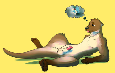 animal_genitalia anthro arm_tuft balls black_nose brown_body brown_ears brown_fur brown_tail cheek_tuft chest_tuft ears_back facial_tuft fur genitals glistening glistening_nose gloves_(marking) half-erect head_tuft leaning leaning_backward leg_markings lying male markings neck_tuft nude on_back penis penis_tip pink_penis pivoted_ears sheath shoulder_tuft simple_background socks_(marking) solo spread_legs spreading sumple_eyes tail tan_balls tan_body tan_fur tan_sheath tan_tail thought_bubble tongue tongue_out tuft yellow_background yookie mammal mustelid otter 2017 dated hi_res signature