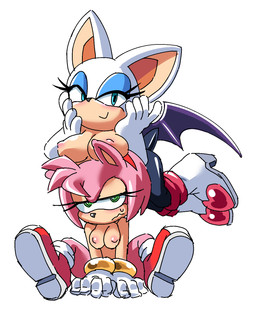 accessory annoyed anthro big_eyes blush bodily_fluids boob_hat breasts clothing duo eyelashes female female/female footwear frown gloves hair_accessory hairband half-closed_eyes hand_on_face handwear high_heels levitating narrowed_eyes nipples shoes simple_background sitting smile spreading sweat toony conditional_dnp coolblue sega sonic_the_hedgehog_(series) amy_rose rouge_the_bat bat eulipotyphlan hedgehog mammal