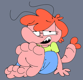 antennae_(anatomy) anthro blue_body clothing feet female foot_fetish green_clothing green_shirt green_topwear grey_background hair humanoid_feet humanoid_hands looking_at_viewer open_mouth orange_hair plantigrade shirt simple_background soles solo tail topwear barvey gwen_(barvey) aquatic arthropod crustacean shrimp 2026 digital_drawing_(artwork) digital_media_(artwork) english_description trans_(lore) trans_woman_(lore)