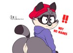 anthro anus big_butt bottomwear butt clothing female genitals hat headgear headwear looking_at_viewer nude pants pussy solo sweater text topwear youtuber mr_valentine00 youtube miko's_trash_can mammal procyonid raccoon absurd_res hi_res translation_request