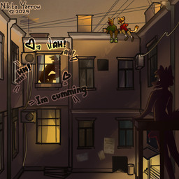 anal anthro apartment_building balcony bodily_fluids brown_body brown_fur bulge clothed clothing detailed_bulge doggystyle footwear from_behind_position fur genital_fluids green_clothing green_footwear green_shirt green_shoes green_topwear group hair heart_symbol hoodie leaking_precum male male/male moan precum purple_clothing purple_footwear purple_shoes red_clothing red_hoodie red_topwear red_underwear sex shadow shirt shoes slim slim_anthro slim_male tenting text tied_hair tongue tongue_out topwear underwear underwear_only window yellow_body yellow_fur nikitayarrow asinus canid canine canis donkey equid equine felid mammal pantherine tiger wolf 1:1 2025 english_text hi_res