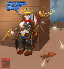alcohol alcohol_bottle angry anthro bandolier beverage beverage_bottle blue_body blue_eyes boots bottle clothing container cowboy_boots cowboy_hat cowboy_outfit desert duster_coat female footwear grey_hair gun hair handgun hat headgear headwear heterochromia lever_action lever_action_rifle looking_back multicolored_hair nails outlaw outside pistol ranged_weapon reloading revolver sharp_nails sharp_teeth shoes sniper_scope teeth text two_tone_hair weapon western wild_west cherryterror mythology dragon hybrid lagomorph mammal mythological_creature mythological_scalie scalie 2025 english_text hi_res