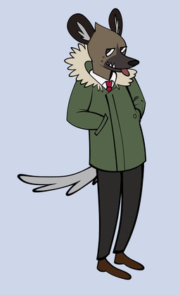 anthro black_nose blue_background bottomwear brown_body brown_fur clothing coat collared_shirt dress_shirt footwear fur male necktie overbite pants parka red_necktie shirt shoes simple_background solo teeth_showing tongue tongue_out topwear white_dress_shirt redo_(artist) aggretsuko sanrio haida_(aggretsuko) hyena mammal spotted_hyena hi_res